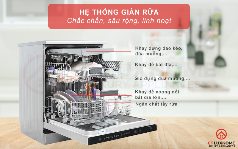 Dàn khay chứa rộng rãi giúp bạn thoải mái sắp xếp bát đĩa