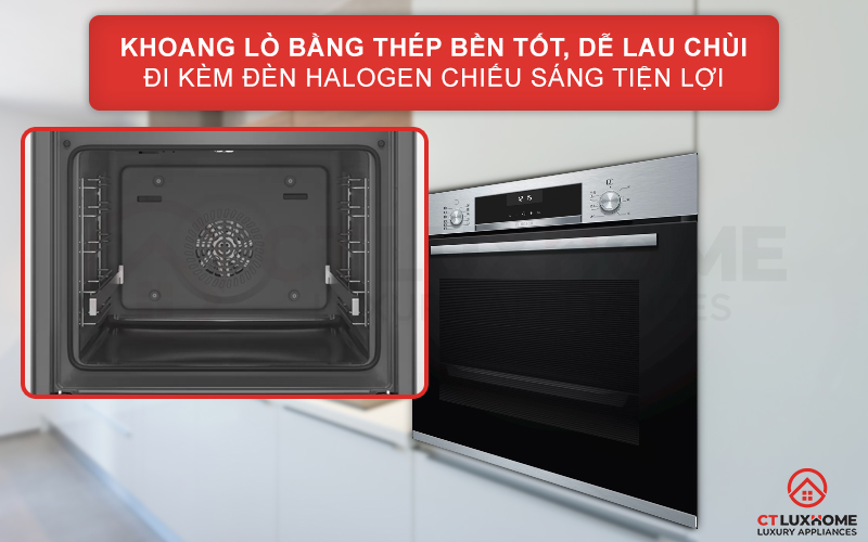 Khoang lò bằng thép bền tốt, dễ lau chùi đi kèm đèn Halogen tiện lợi