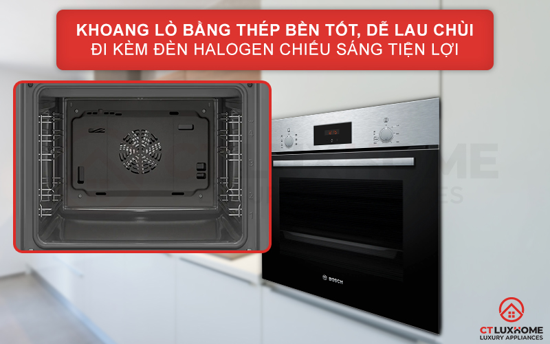 Khoang lò bằng thép bền tốt, dễ lau chùi đi kèm đèn Halogen tiện lợi