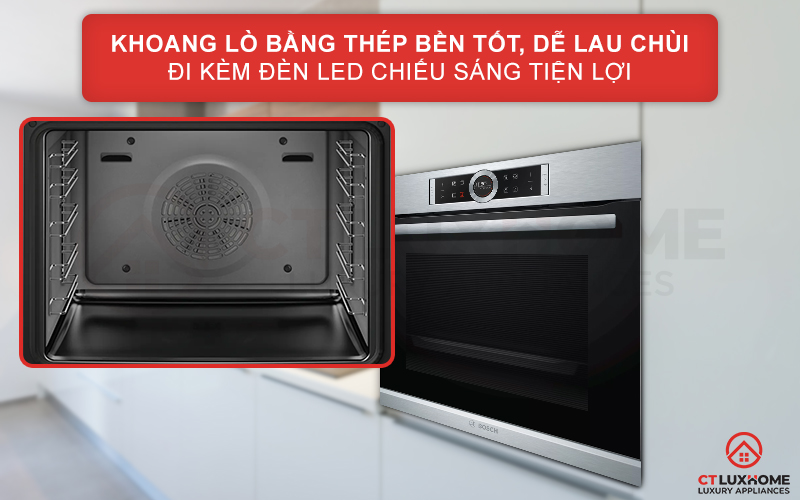 Khoang lò bằng thép không gỉ bền tốt, dễ lau chùi đi kèm đèn LED tiện lợi