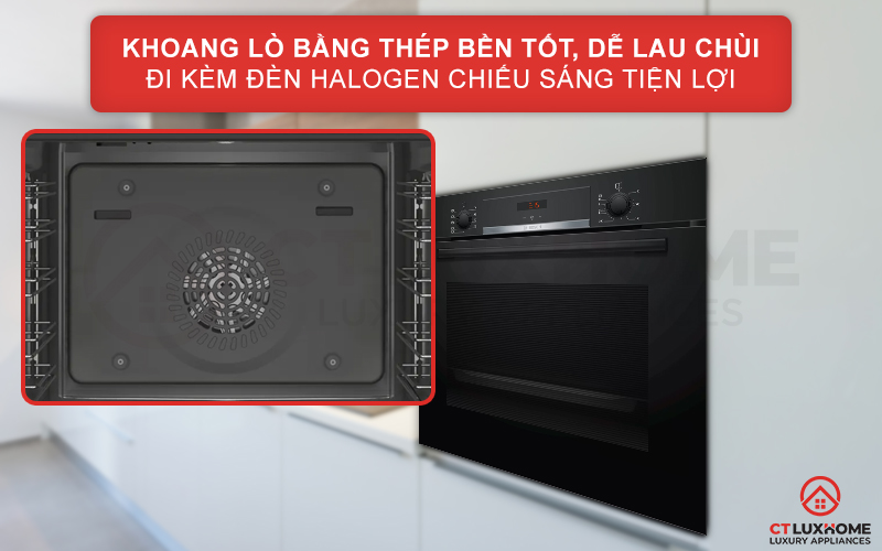 Khoang lò bằng thép bền tốt, dễ lau chùi đi kèm đèn Halogen tiện lợi