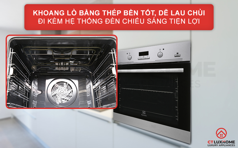 Khoang lò bằng thép bền tốt, dễ lau chùi đi kèm hệ thống đèn chiếu sáng