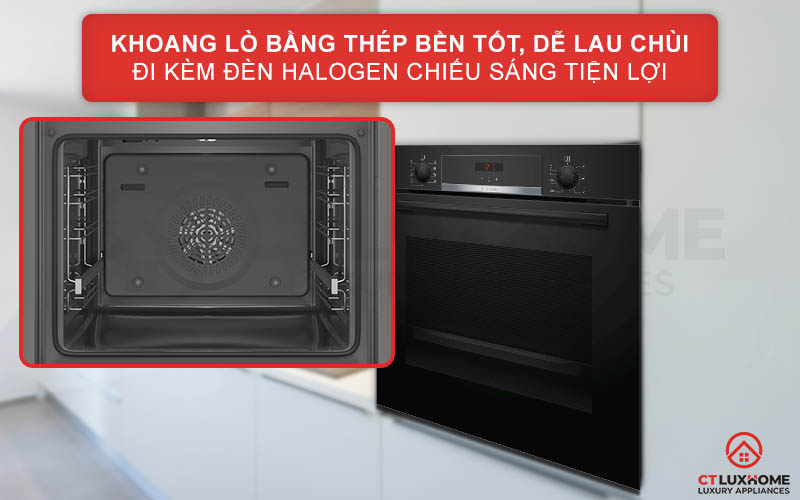 Khoang lò nướng chất liệu thép không gỉ đi kèm với đèn Halogen chiếu sáng tiện lợi