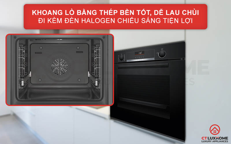 Khoang lò được làm bằng thép không gỉ bền tốt, dễ lau chùi đi kèm đèn Halogen chiếu sáng tiện lợi