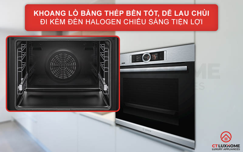 Khoang lò được làm bằng thép không gỉ bền tốt, dễ lau chùi đi kèm đèn Halogen chiếu sáng tiện lợi