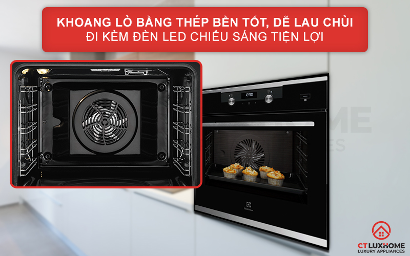Khoang lò bằng thép tráng men bền tốt, dễ lau chùi đi kèm đèn LED tiện lợi