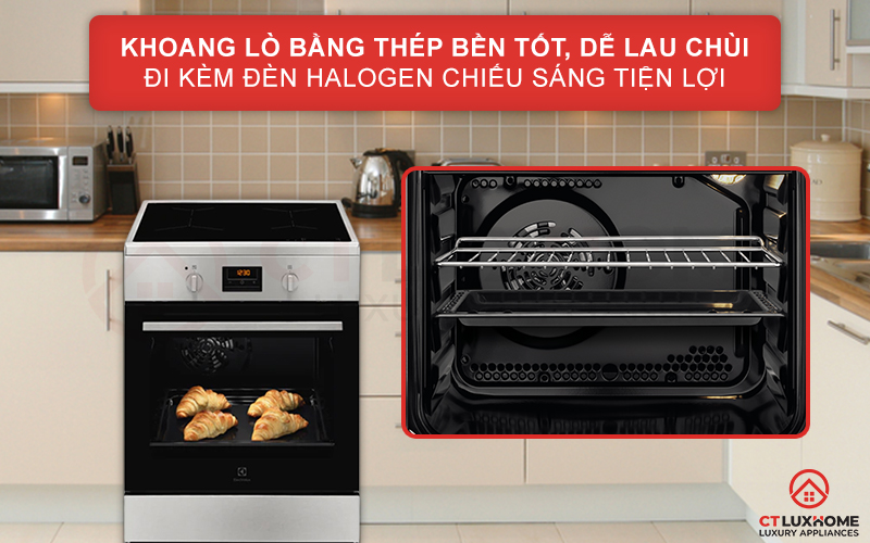 Khoang lò bằng thép tráng men bền tốt, dễ lau chùi đi kèm đèn Halogen tiện lợi