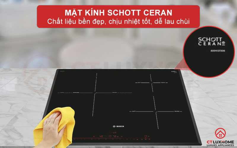 Mặt kính Schott Ceran đen bóng bền đẹp, chịu nhiệt tốt và dễ vệ sinh.