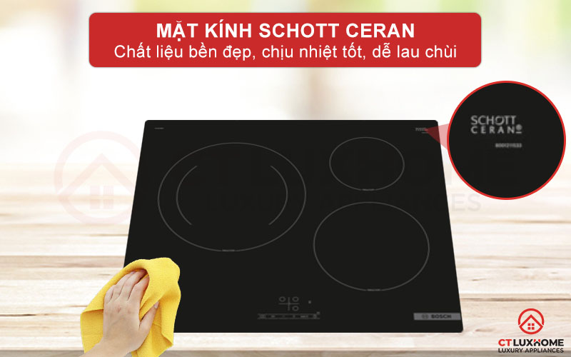 Mặt kính Schott Ceran chất liệu bền đẹp, chịu nhiệt tốt và dễ lau chùi.