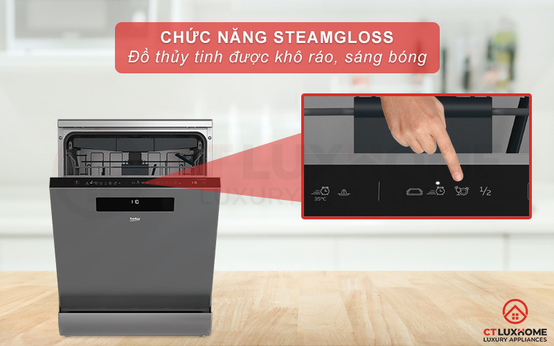 Tính năng SteamGloss giúp đồ thủy tinh luôn khô ráo và sáng bóng