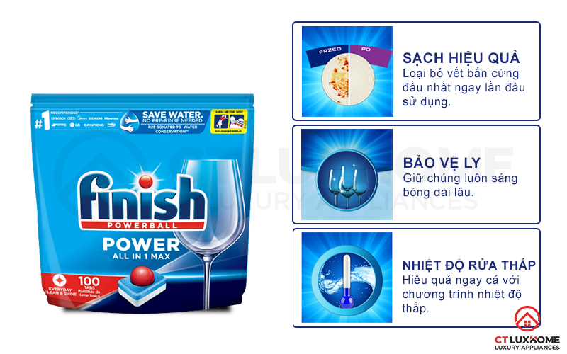 Tính năng vượt trội của viên rửa chén Finish All in one max 100 viên 