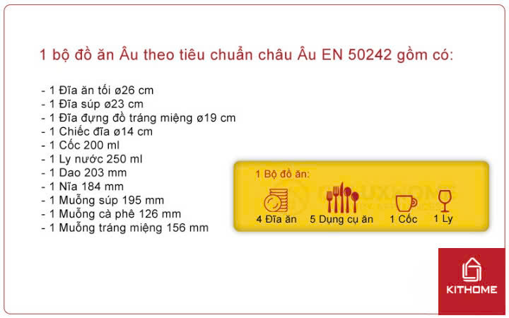 1 bộ đồ ăn theo tiêu chuẩn châu Âu.