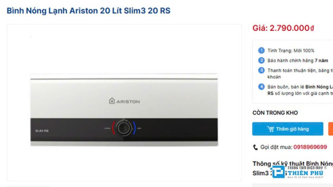 Giá bán bình nóng lạnh Ariston Slim3 20 RS và chế độ bảo hành