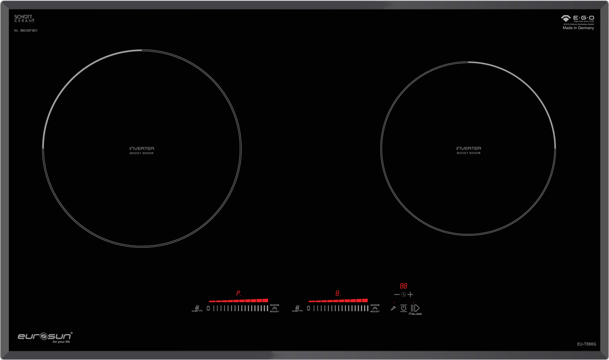 Bếp từ Eurosun EU-T898G | 2 vùng nấu | 3700W | 100% linh kiện nhập khẩu từ CHLB Đức Bếp từ Eurosun EU-T898G | 2 vùng nấu | 3700W | 100% linh kiện nhập khẩu từ CHLB Đức
