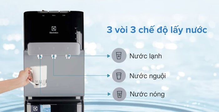 Cây nước nóng lạnh Electrolux EQAXF01BXBV này còn trang bị 3 vòi lấy nước độc lập