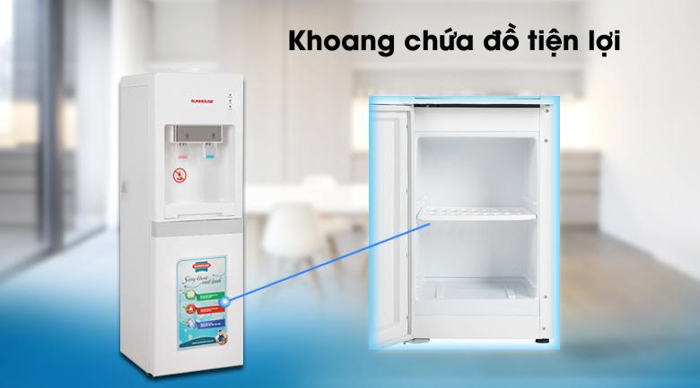 Bên dưới cây nước nóng lạnh úp bình Sunhouse SHD9612 có thiết kế thêm ngăn chứa đồ