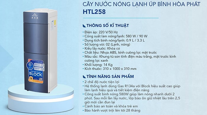 Thông số kỹ thuật Cây nước nóng lạnh úp bình Hòa Phát HTL258