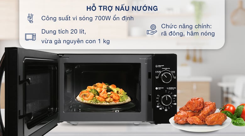 Lò vi sóng MW2-MM20P(BK) có chức năng chính là hâm nóng, rã đông thực phẩm