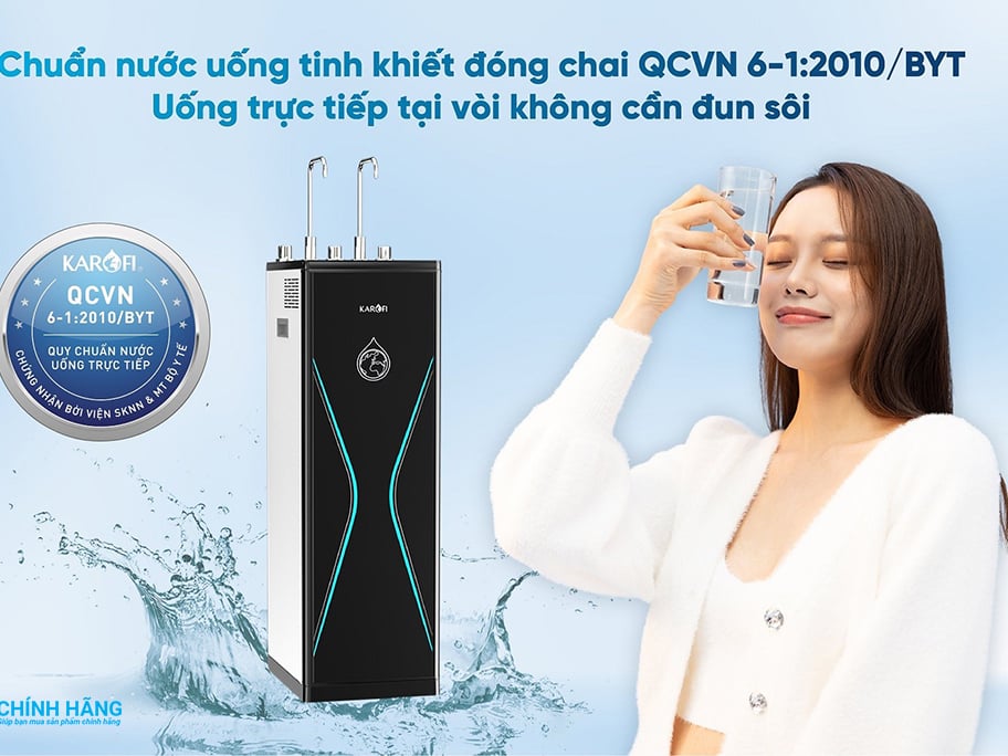 Máy lọc nước nóng lạnh Karofi KAD-D528 tạo ra nguồn nước uống đạt chuẩn nước uống tinh khiết đóng chai