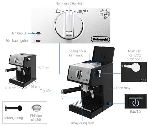 Cấu tạo và kích thước của máy pha cà phê Delonghi ECP33.21.BK Cấu tạo và kích thước của máy pha cà phê Delonghi ECP33.21.BK