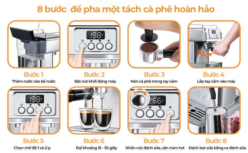 Máy pha cà phê sử dụng đơn giản với 8 bước Máy pha cà phê bán tự động
