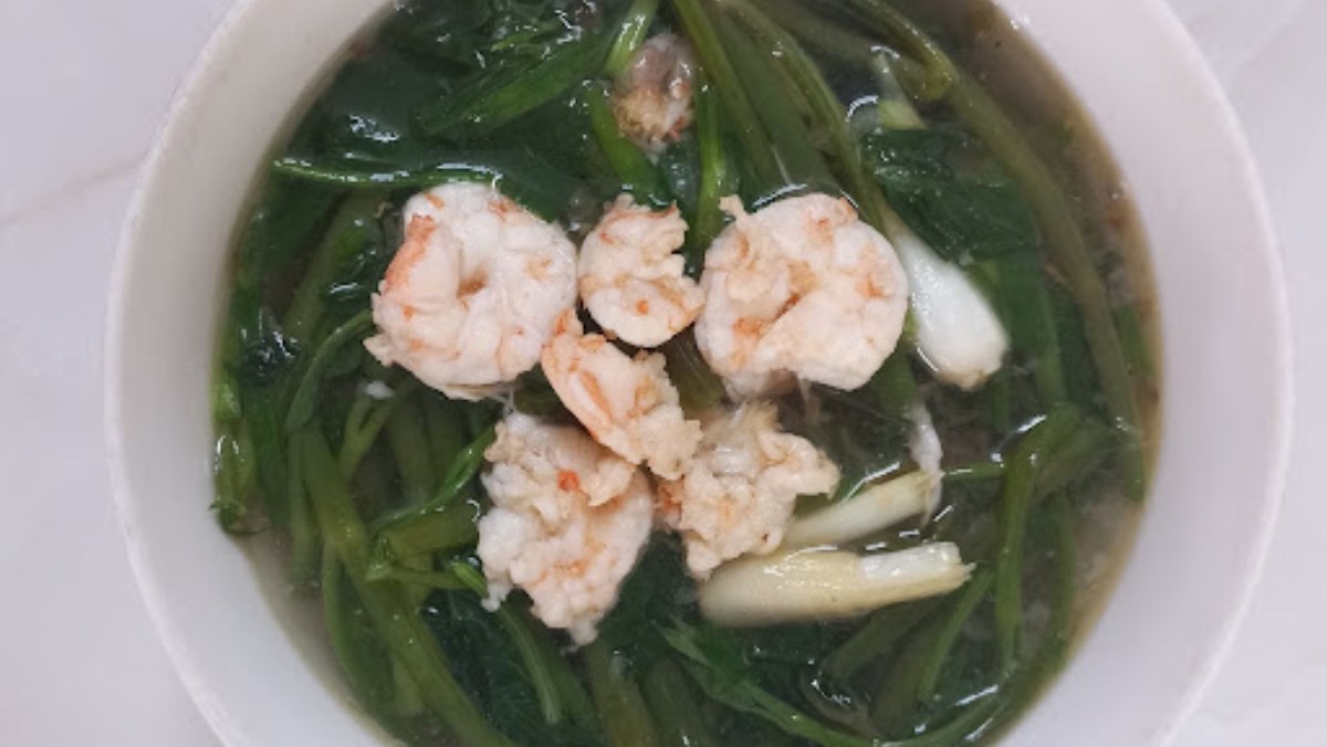 Canh rau muống nấu tôm tươi, canh rau muống nấu tôm khô