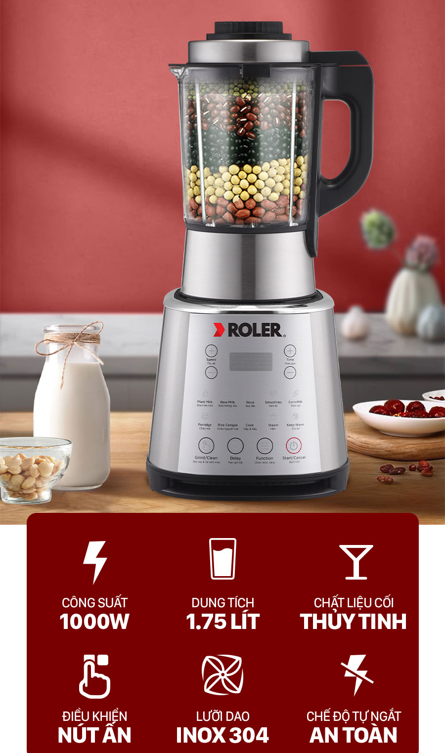 Máy xay nấu và làm sữa hạt đa năng Roler RB-4120A Máy xay nấu và làm sữa hạt đa năng Roler RB-4120A
