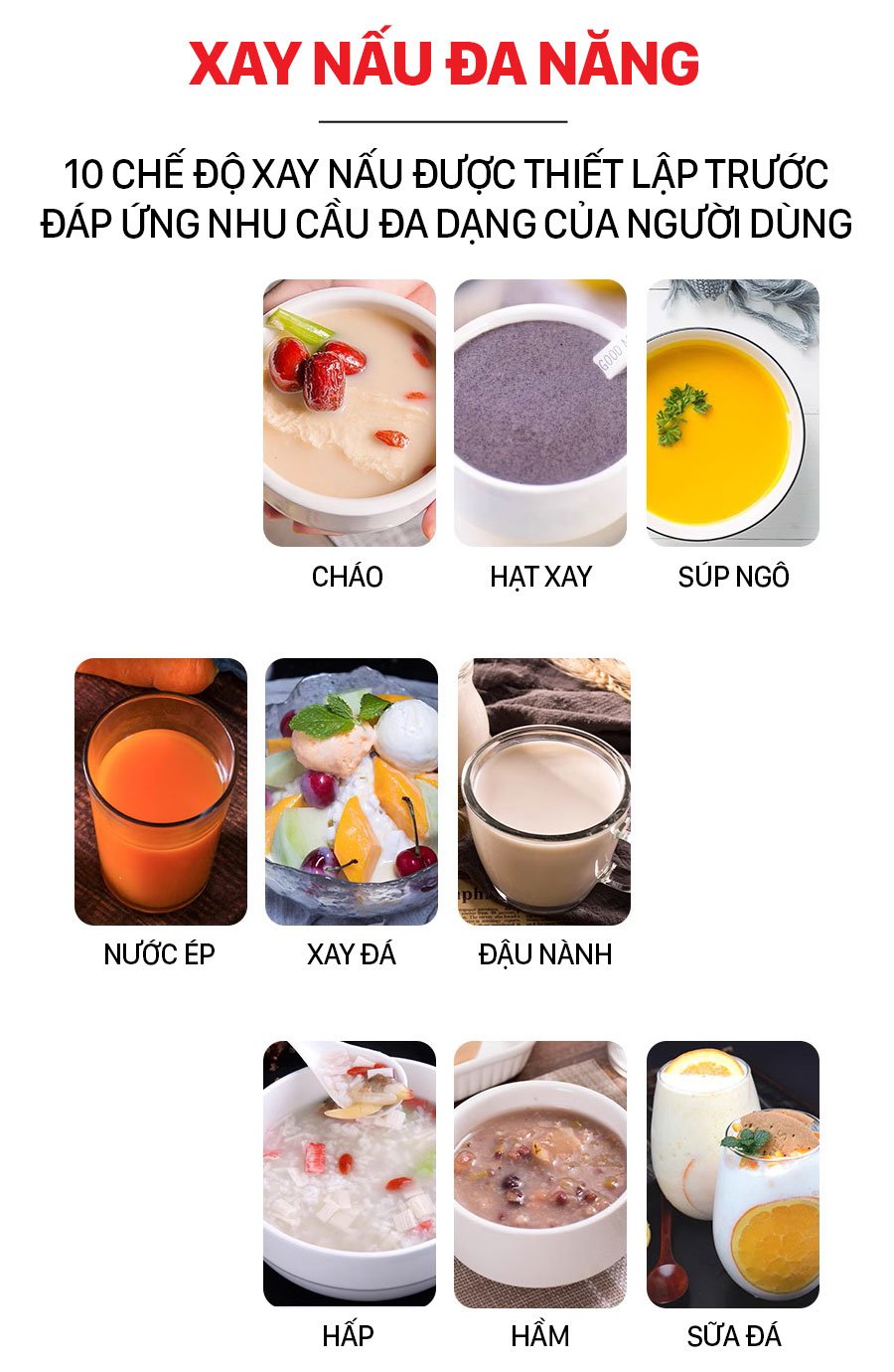 Máy có 10 chế độ xay nấu được thiết lập sẵn Máy xay nấu và làm sữa hạt đa năng