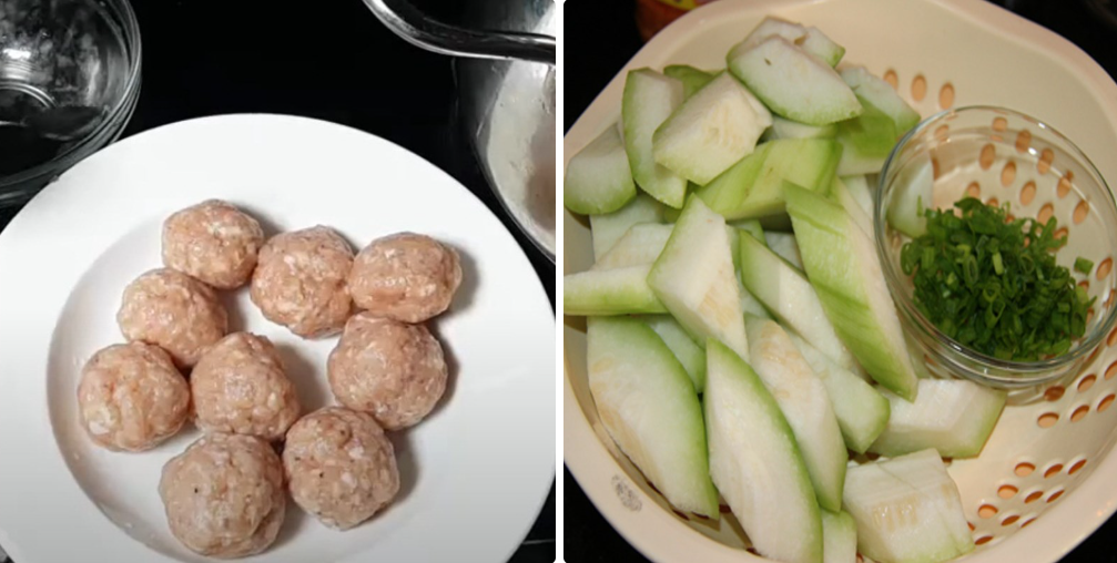 Bí đao rửa sạch cắt khúc vừa ăn. Hành ngò băm nhỏ.