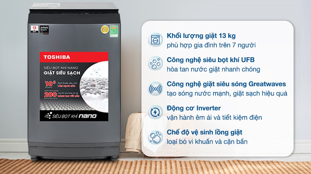 Máy giặt Toshiba Inverter 13 kg AW-DUM1400LV (MK) có khối lượng giặt tối đa 12kg, đáp ứng nhu cầu giặt đồ của gia đình trên 7 thành viên Máy giặt Toshiba Inverter 13 kg AW-DUM1400LV (MK) có khối lượng giặt tối đa 12kg, đáp ứng nhu cầu giặt đồ của gia đình trên 7 thành viên