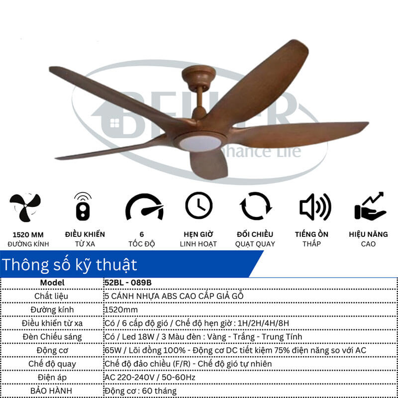 Thông số kỹ thuật của quạt trần đèn Beller 52BL – 089B 5 cánh