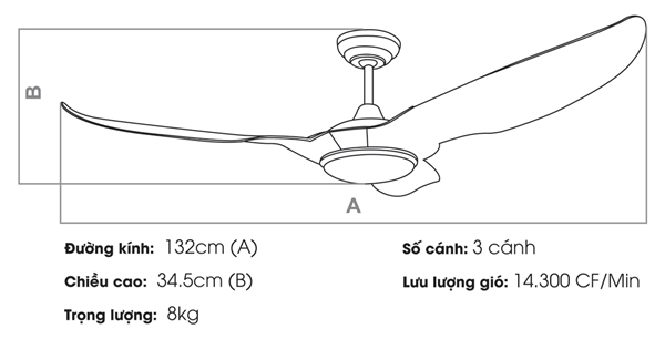Kích thước của quạt trần Kaiyo MIYA 217