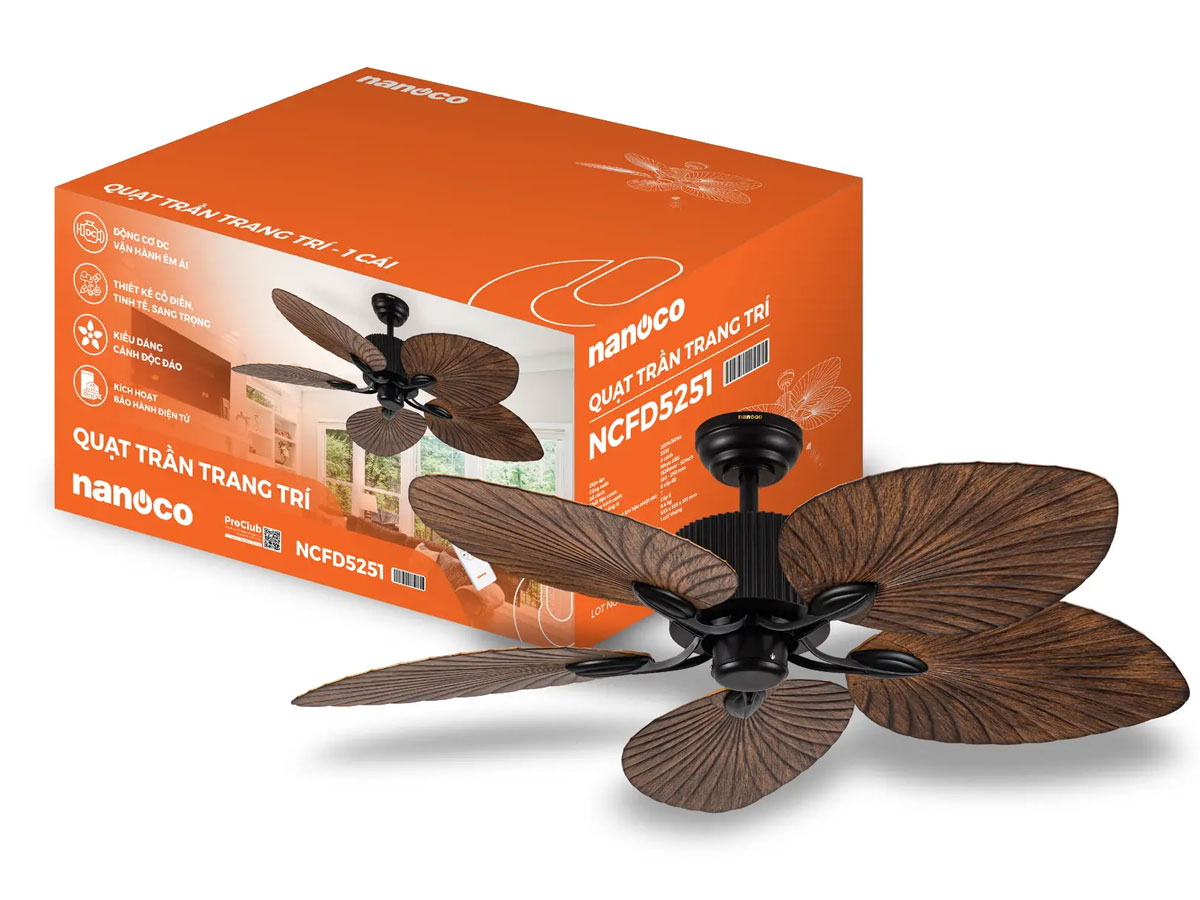 Quạt trần trang trí 5 cánh Nanoco NCFD5251 (động cơ DC, có remote)