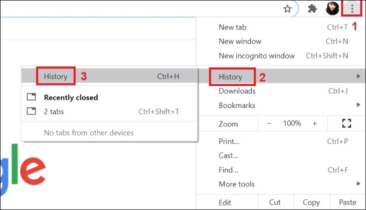Click vào dấu ba chấm và chọn History.