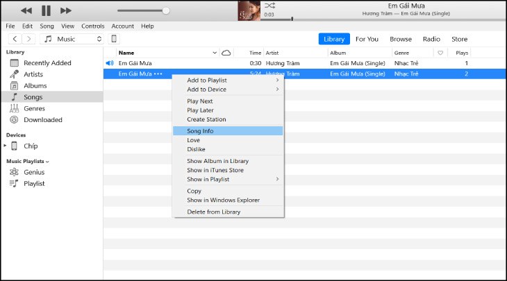 Bạn nhấp chọn Song info để lấy thông tin bài hát
