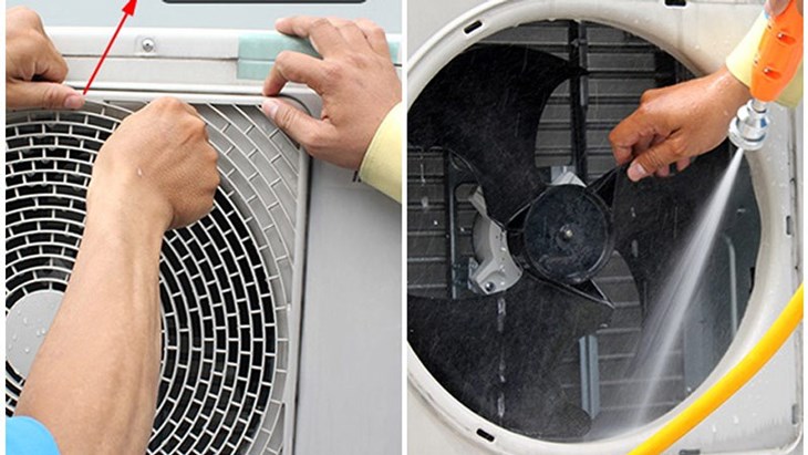 Bạn tháo lớp vỏ máy ở mặt trước của dàn nóng rồi lấy vòi xịt để loại bỏ các chất bẩn