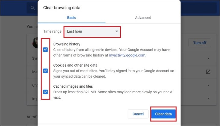 Cửa sổ Clear browsing data hiện ra với nhiều tùy chọn