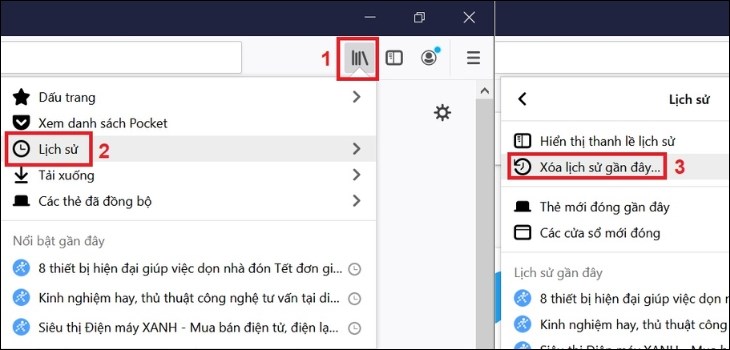 Click chọn "Xóa lịch sử gần đây" trên trình duyệt Firefox