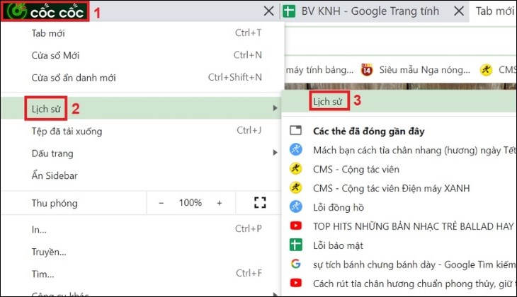 Chọn "Lịch sử" để tiến hành xóa