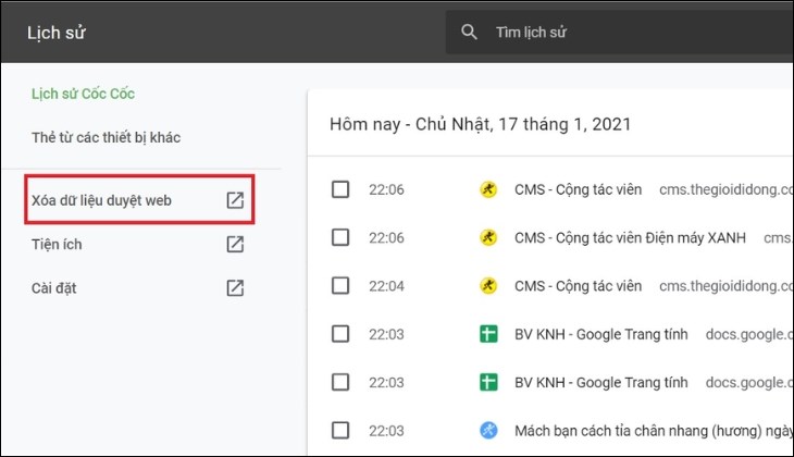 Click vào nút "Xóa dữ liệu duyệt web"