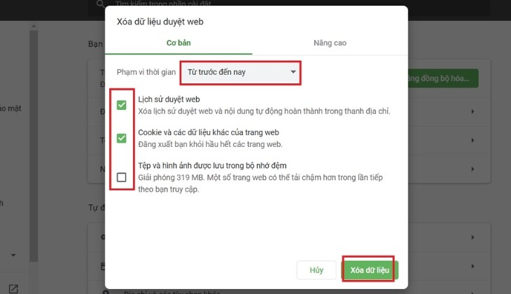Cửa sổ Xóa dữ liệu duyệt web xuất hiện