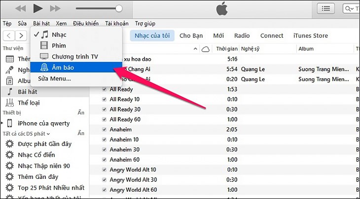 Bạn cho bản nhạc chuông vừa tải vào mục Âm báo