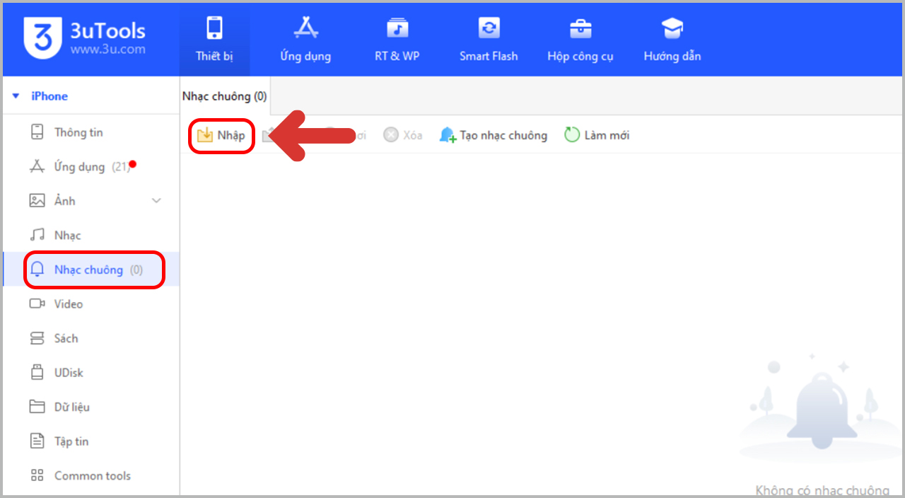 Mở ứng dụng và chọn Nhạc chuông, sau đó Chọn Nhập.