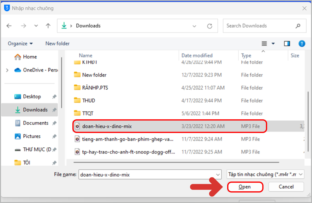 Lựa chọn nhạc chuông mà bạn muốn cài cho iPhone. Sau đó Chọn Open.