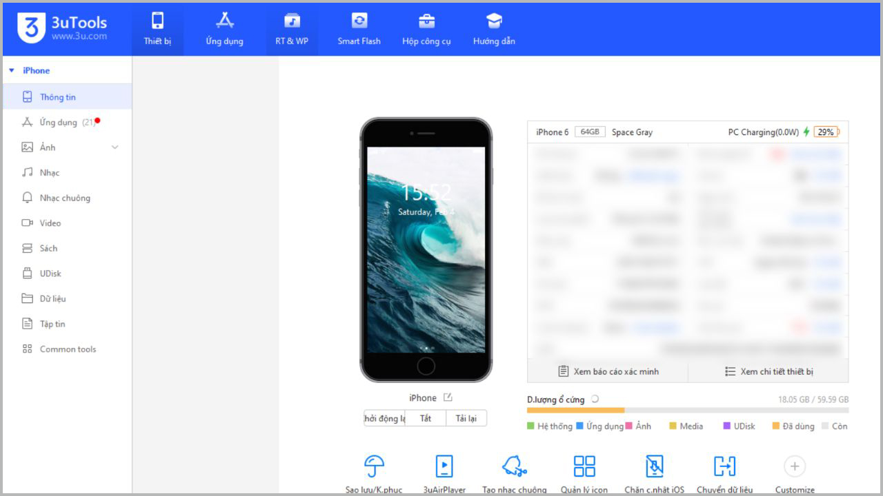 Bước 1: Bạn tải và cài đặt phần mềm 3uTools cho máy tính. Sau đó, kết nối iPhone với máy tính.