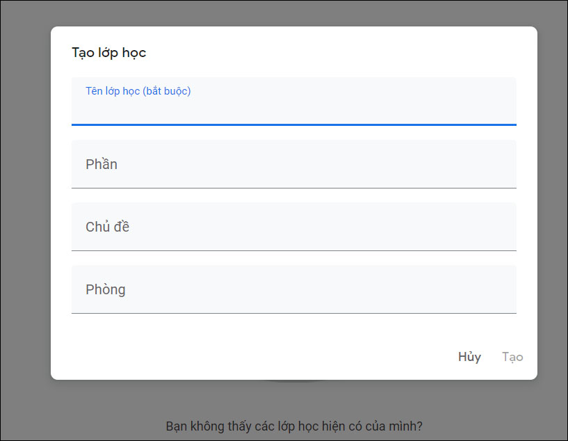 Điền tên lớp học và các mô tả khác, sau đó bấm Tạo
