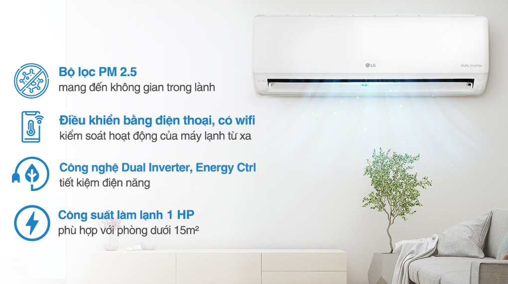 Máy lạnh LG Inverter 1 HP V10WIN1 với công suất làm lạnh 1 HP - 8.800 BTU đáp ứng nhu cầu sử dụng trong phòng dưới 15m² (từ 30 đến 45m³)