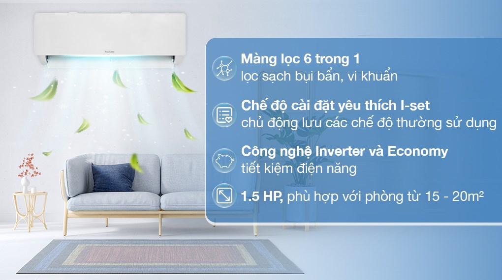 Máy lạnh Nagakawa Inverter 1.5 HP NIS-C12R2T28 phù hợp với không gian phòng có diện tích từ 15 - 20m² (từ 40 đến 60 m³).