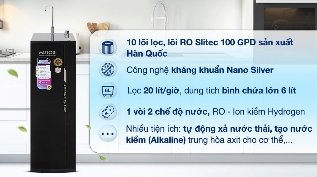 Máy lọc nước RO Hydrogen ion kiềm Mutosi MP-S1001H 10 lõi được trang bị 1 vòi lấy được 2 loại nước: nước tinh khiết - nước Ion Kiềm Hydrogen