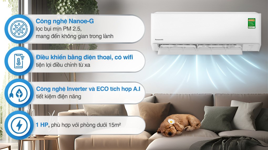 Máy lạnh Panasonic Inverter 1 HP CU/CS-PU9AKH-8 phù hợp phòng có diện tích dưới 15m² như phòng ngủ, phòng khách, phòng đọc sách